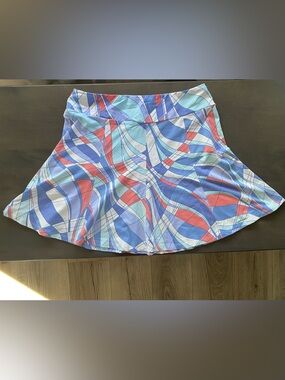 J. McLaughlin Swirl-Print Circle Skirt in Blue, Coral & White